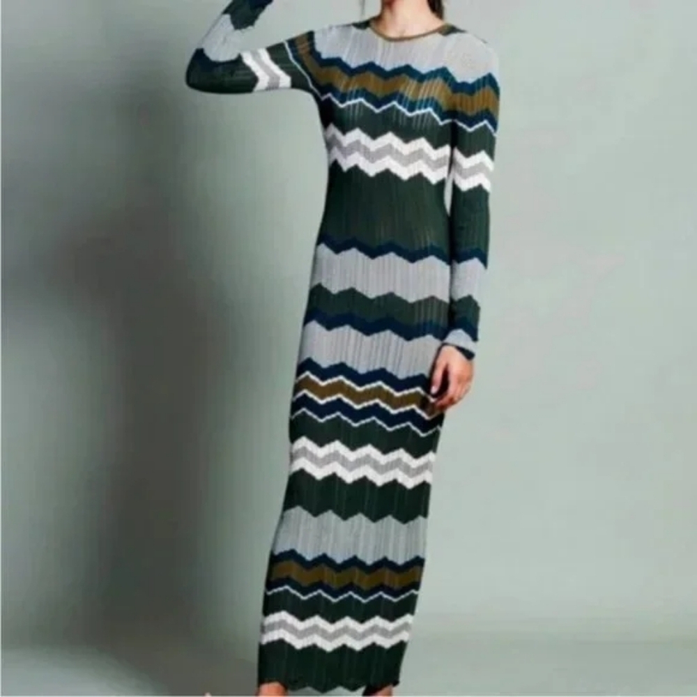 Torn by Ronny Kobo Cheffie Zig Zag Chevron Maxi Dress Olive Green S